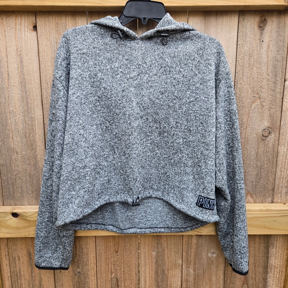 Victoria's Secret PINK Gray Marl Cropped Hoodie Sweatshirt Lrg Adjust Hem Chunky